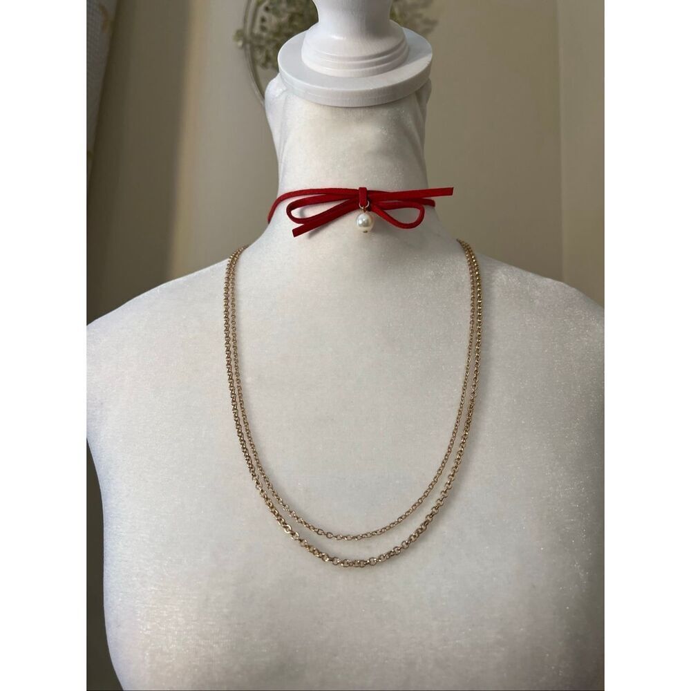 New Carisma Red Bow Choker Faux Pearl Gold Tone Double Chain Layered Necklace
